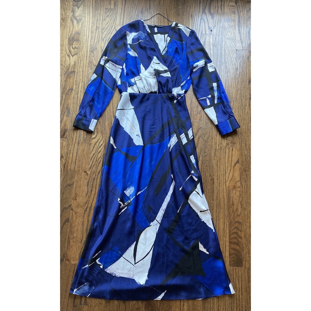 Zara Dress Womens Size Small Blue Brushstroke Abstract Long Sleeve Midi